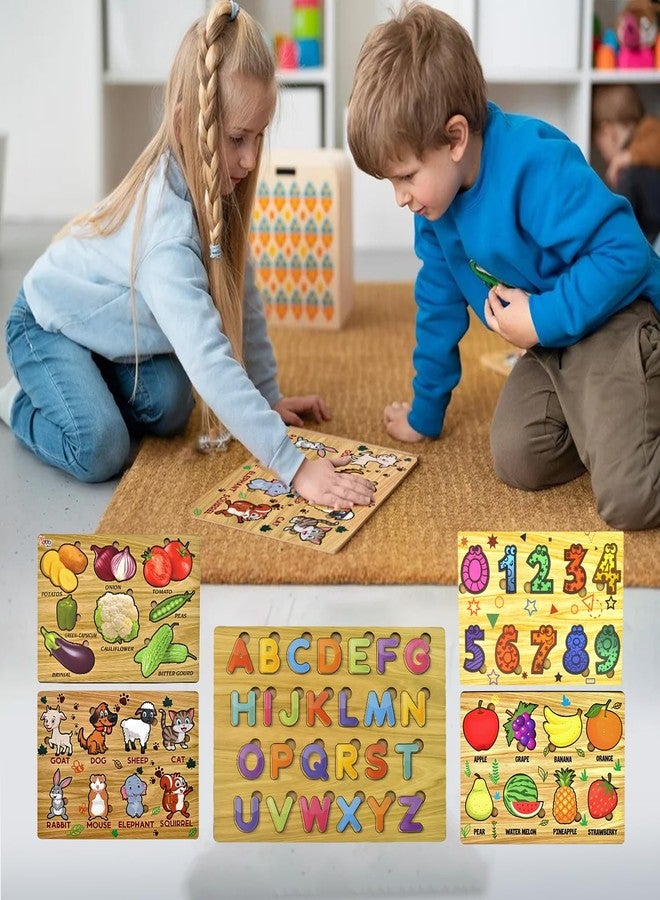 Vastate Wooden Puzzle Board for Kids - Educational Vegetable, Animal, Number & Shape Puzzles - Fun & Interactive Learning Toy for Toddlers 1-5 Years - Develops Skills & Abilities (Pack of 5) - Image 2